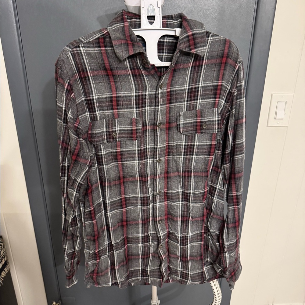Faded Glory Plaid Grey & Maroon Button-Up Shirt Small Flannel